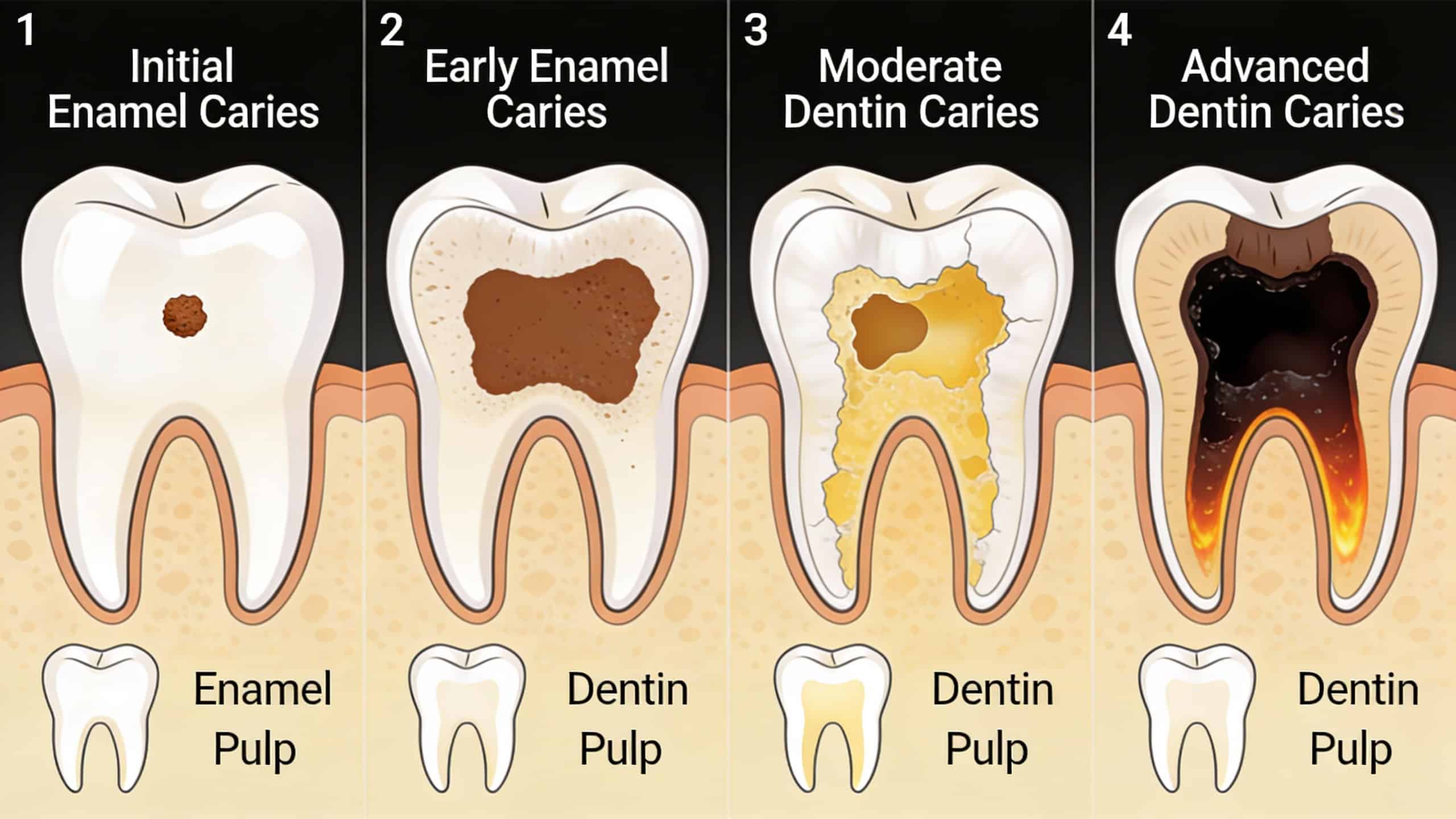 Verschiedene Stadien von Karies am Zahn: von beginnender Initialkaries bis zu fortgeschrittener Dentinkaries