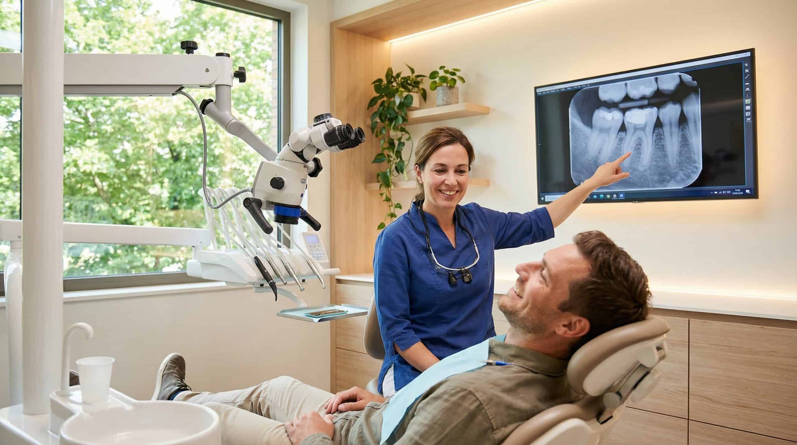 Moderne Diagnostik bei Backenzahn Schmerzen mit Röntgen und Mikroskop bei AUX-DENT