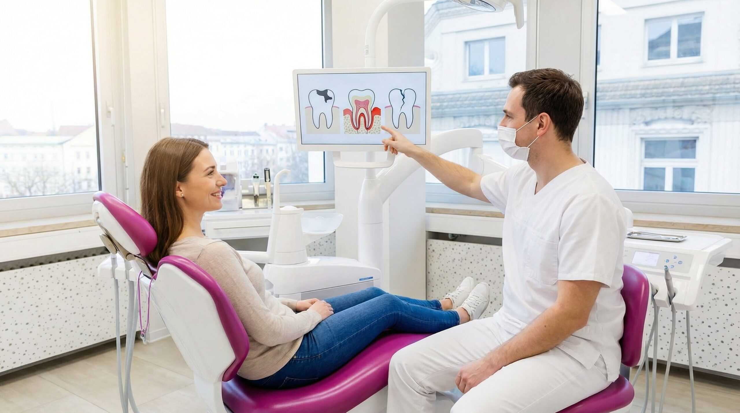 Schematische Darstellung verschiedener Gründe für Zahnextraktion: Karies, Parodontitis, Zahnfraktur