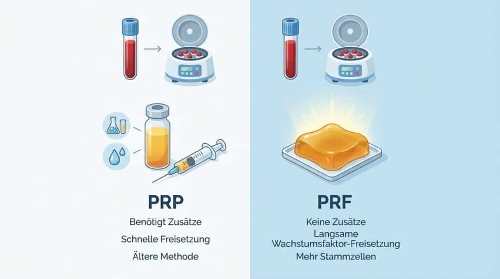 Vergleich von PRP und PRF in der Zahnmedizin. Links PRP mit Blutröhrchen, Zentrifuge, flüssigem Plasma und Spritze – benötigt Zusätze, schnelle Freisetzung, ältere Methode. Rechts PRF mit Blutröhrchen, Zentrifuge und gelartiger Fibrin-Membran – keine Zusätze, langsame Wachstumsfaktor-Freisetzung, mehr Stammzellen.