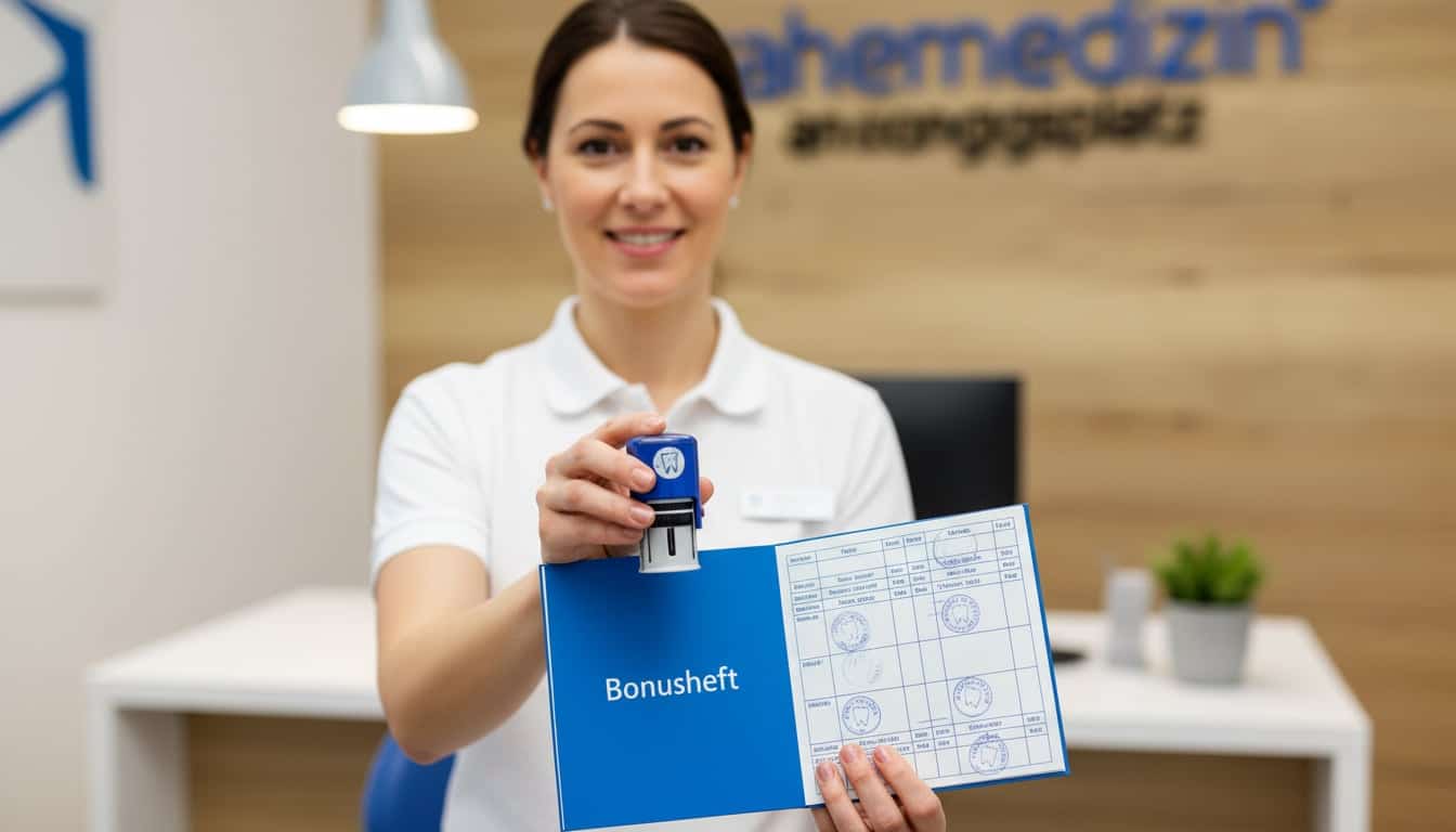 Bonusheft beim Zahnarzt mit regelmäßigen Stempeln für höheren Festzuschuss bei Zahnersatz