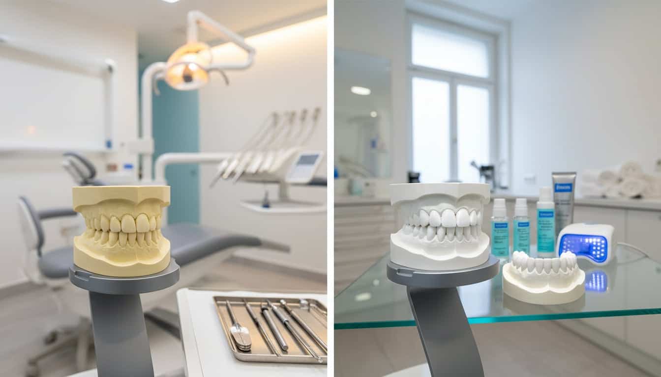 Vorher-Nachher Vergleich: Zähne vor und nach professionellem Bleaching bei AUX-DENT